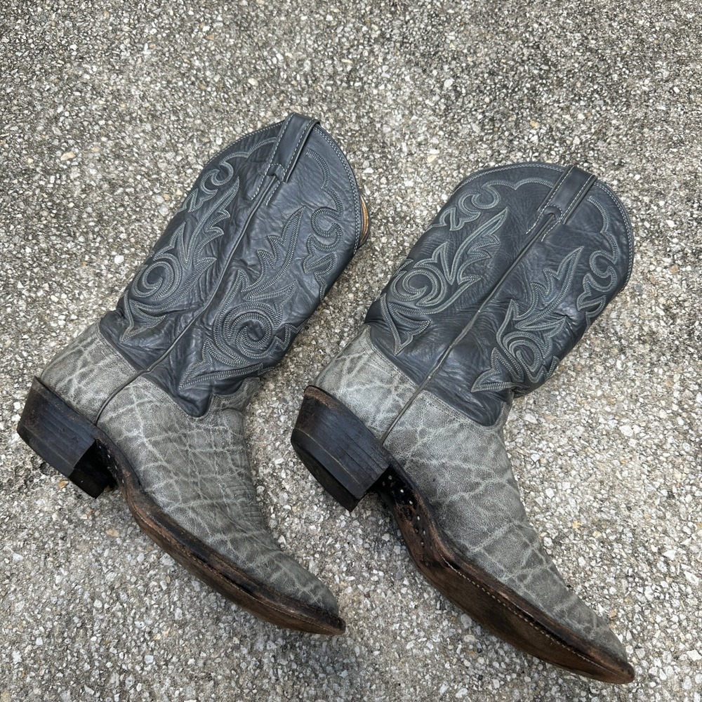 Vtg 80s Justin Mens Grey Elephant Grain Leather Western Boots Style Size 9.5 B